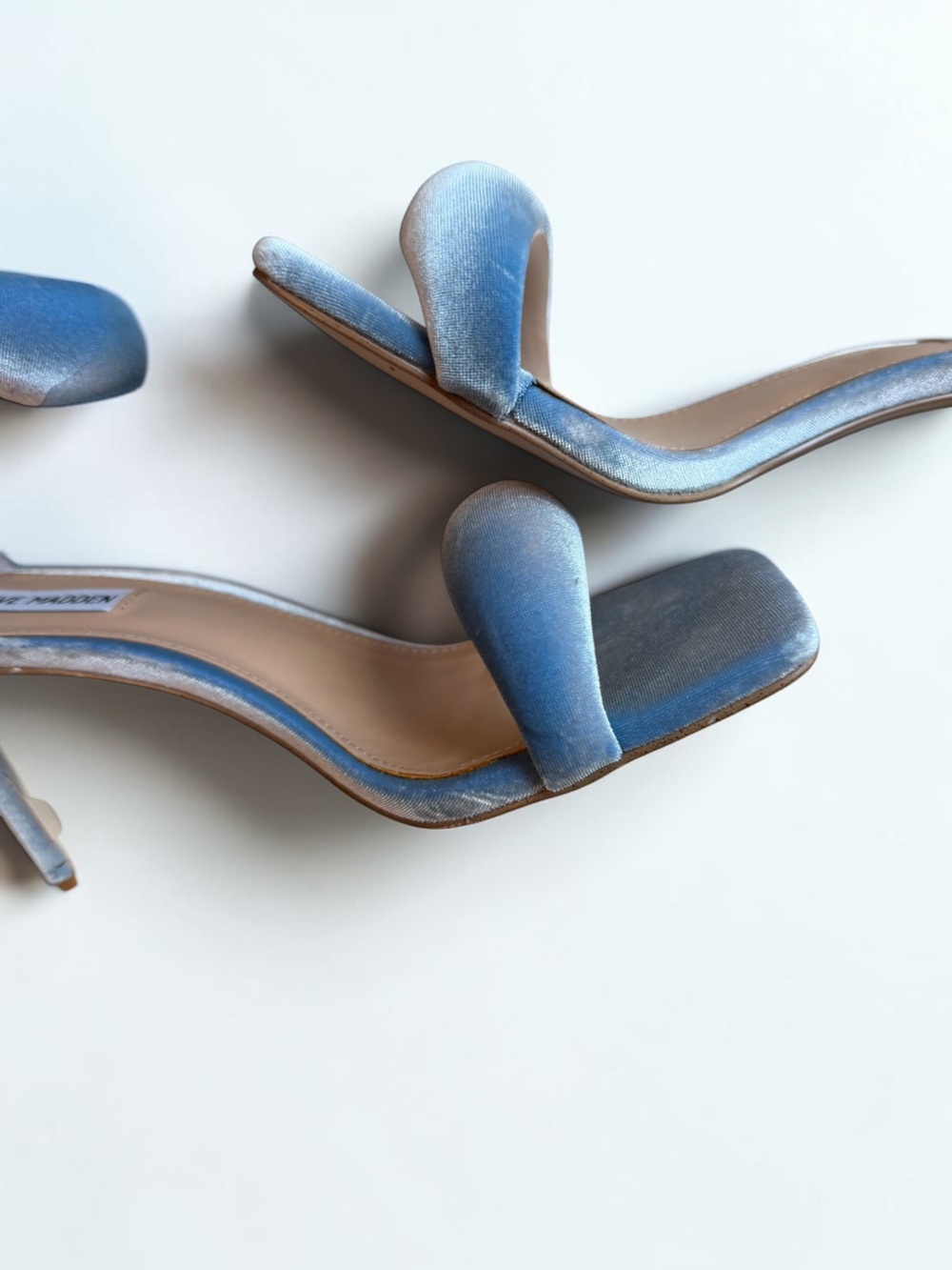 Steve Madden Powder Blue Velvet Ankle-Strap Stiletto Sandals - Picture 13 of 14